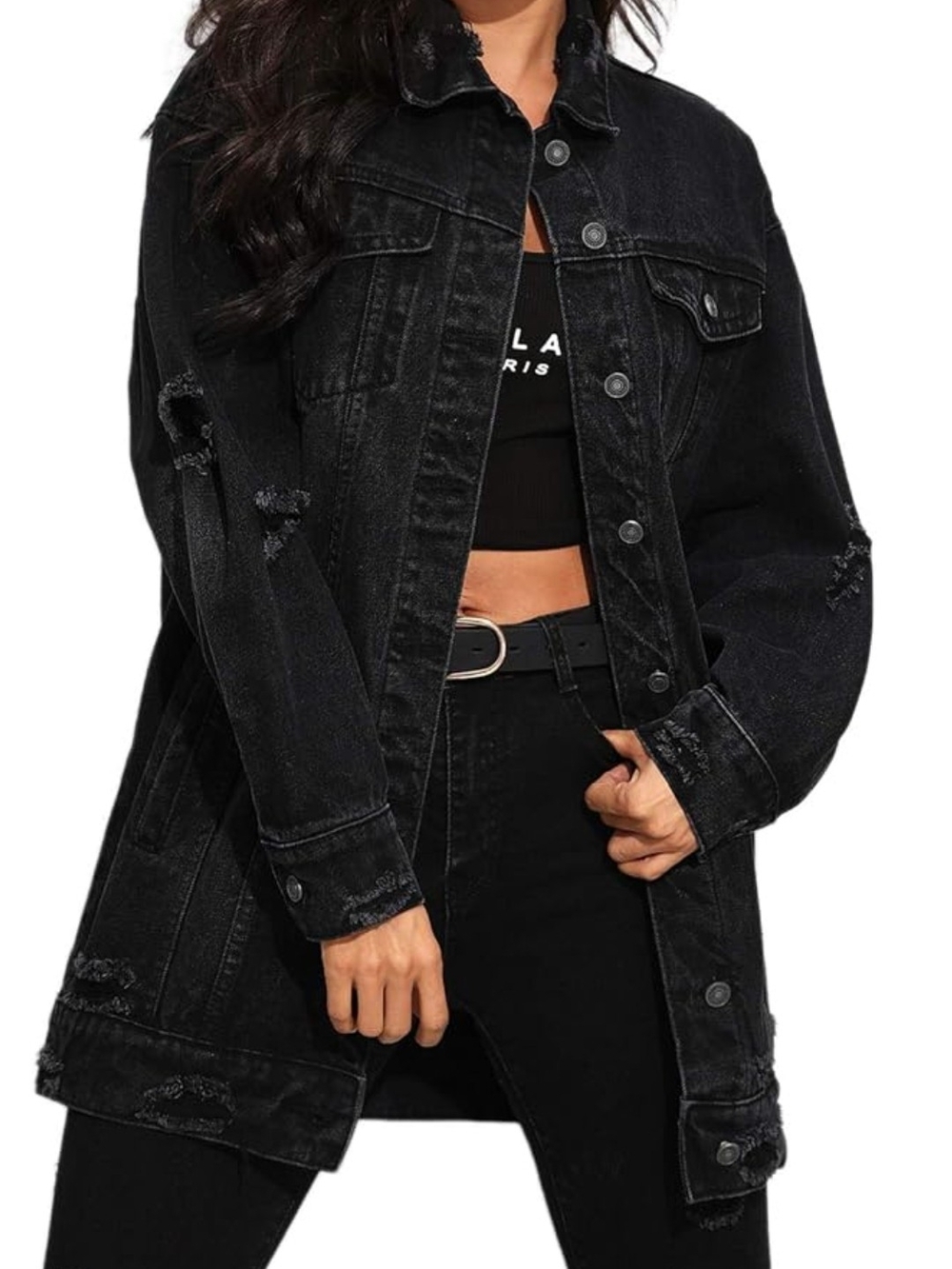 Women's Black Distressed Denim Jacket Casual Oversized  Long Jean Jacket. Size S